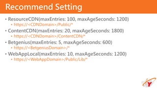 • ResourceCDN(maxEntries: 100, maxAgeSeconds: 1200)
• https://<CDNDomain>/Public/*
• ContentCDN(maxEntries: 20, maxAgeSeconds: 1800)
• https://<CDNDomain>/ContentCDN/*
• Betgenius(maxEntries: 5, maxAgeSeconds: 600)
• https://<BetgeniusDomain>/*
• WebAppLocal(maxEntries: 10, maxAgeSeconds: 1200)
• https://<WebAppDomain>/Public/Lib/*
Recommend Setting
 