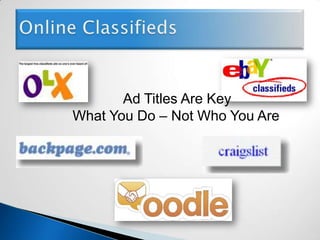 Search ResultsExample of Local Search Results:Highlighted results at top of page and results running down the side are all paid advertisements.The next result is free local business maps – your business can show up here.Below are the “organic” results – sites that the search engines “rank” using their formulas.  This is where you want to show up – on the first page for free.The following slides show some of the methods for getting there.