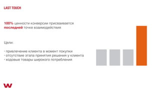 LAST TOUCH
Цели:
100% ценности конверсии присваивается
последней точке взаимодействия
• привлечение клиента в момент покупки
• отсутствие этапа принятия решения у клиента
• ходовые товары широкого потребления
 