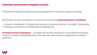 ИЗМЕРЕНИЕ ЭФФЕКТИВНОСТИ МЕДИЙНЫХ КАНАЛОВ
Построение моделей атрибуции для распределения ценности между каналами
Для более полного понимания ситуации используется моделирование атрибуции
= процесс понимания и определения ценности каналов (сайтов, площадок, форматов)
с помощью построения конверсионных маршрутов.
Конверсионные маршруты - история контактов уникального пользователя (показы,
клики) от начала взаимодействия с рекламной кампанией до совершения целевого
действия
 