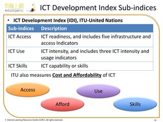 © Internet Learning Resource Centre (ILRC). All rights reserved. 
•ICT Development Index (IDI), ITU-United Nations 
ITU also measures Cost and Affordability of ICT 
ICT Development Index Sub-indices 
16 
Sub-indices 
Description 
ICT Access 
ICT readiness, and includes five infrastructure and access Indicators 
ICT Use 
ICT intensity, and includes three ICT intensity and usage indicators 
ICT Skills 
ICT capability or skills 
Access 
Afford 
Use 
Skills  
