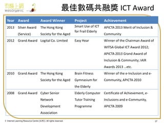 © Internet Learning Resource Centre (ILRC). All rights reserved. 
最佳數碼共融獎 ICT Award 
Year 
Award 
Award Winner 
Project 
Achievement 
2013 
Silver Award (Service) 
The Hong Kong Society for the Aged 
Smart Use of ICT for Frail Elderly 
APICTA 2013 Merit of Inclusion & Community 
2012 
Grand Award 
Logital Co. Limited 
Easy Hear 
Winner of the Chairman Award of WITSA Global ICT Award 2012; APICTA 2013 Grand Award of Inclusion & Community; IAIR Awards 2013 …etc. 
2010 
Grand Award 
The Hong Kong Society for the Aged 
Brain Fitness Gymnasium for the Elderly 
Winner of the e-Inclusion and e- Community, APICTA 2010 
2008 
Grand Award 
Cyber Senior Network Development Association 
Elderly Computer Tutor Training Programme 
Certificate of Achievement, e- Inclusions and e-Community, APICTA 2009 
37  