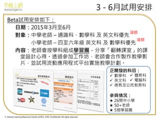 © Internet Learning Resource Centre (ILRC). ILRC Confidential. All rights reserved.
3 - 6月試用安排
Beta試用安排如下：
日期：2015年3月至6月
對象：中學老師 – 通識科、數學科 及 英文科優先
小學老師 – 四至六年級 英文科 及 數學科優先
內容：老師會按學科組成學習圈，分享「翻轉課室」的課
堂設計心得。透過參加工作坊，老師會合作製作教學影
片，並試用流動應用程式平台實施教學計劃。
滿額
正開發的科目：
 數學科
 英文科
 德育及公民教育科
參與情況：
★ 26間中小學
★ 50+老師
★ 5個學習圈
 體育科
 電腦科
滿額
 