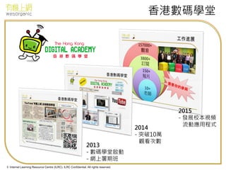 © Internet Learning Resource Centre (ILRC). ILRC Confidential. All rights reserved.
香港數碼學堂
2013
- 數碼學堂啟動
- 網上暑期班
2015
- 發展校本視頻
流動應用程式
2014
- 突破10萬
觀看次數
 
