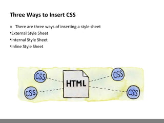 Three Ways to Insert CSS
» There are three ways of inserting a style sheet
•External Style Sheet
•Internal Style Sheet
•Inline Style Sheet
 