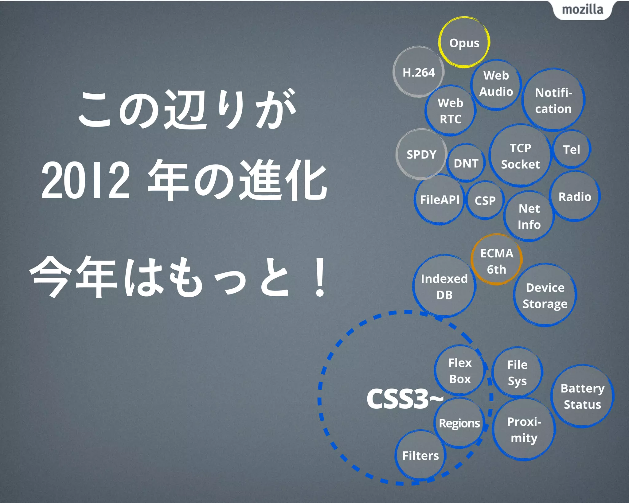 H.264
Indexed
DB
FileAPI
Web
Audio
CSS3~
Opus
ECMA
6th
CSP
Web
RTC
Net
Info
Device
Storage
TCP
Socket
File
Sys
Notiﬁ-
cation
Proxi-
mity
Battery
Status
Radio
Tel
DNT
SPDY
この辺りが
2012 年の進化
Regions
Filters
Flex
Box
今年はもっと！
 