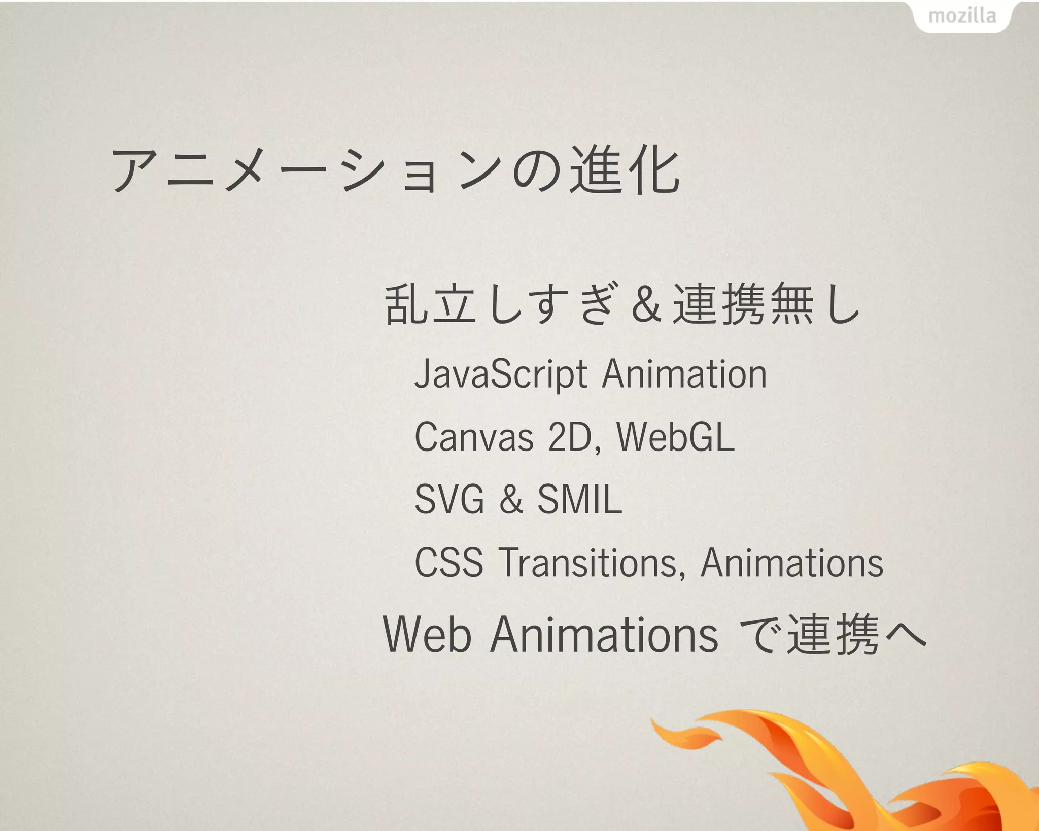 アニメーションの進化
乱立しすぎ＆連携無し
JavaScript Animation
Canvas 2D, WebGL
SVG & SMIL
CSS Transitions, Animations
Web Animations で連携へ
 