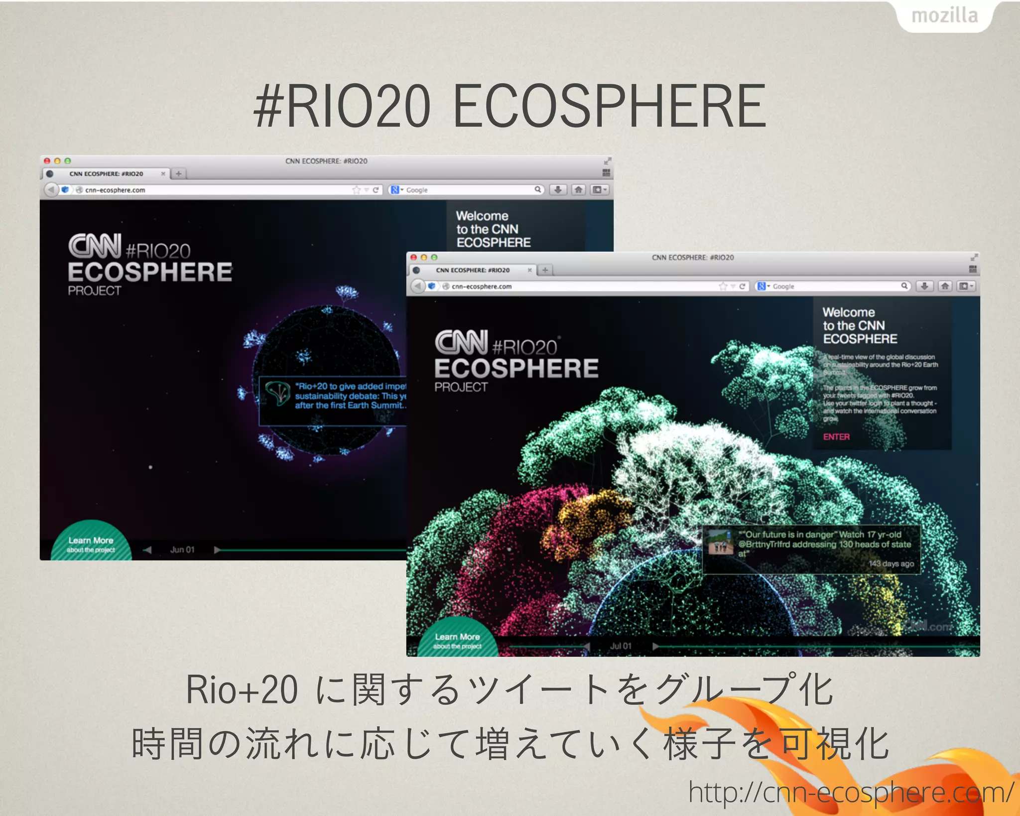 #RIO20 ECOSPHERE
Rio+20 に関するツイートをグループ化
時間の流れに応じて増えていく様子を可視化
http://cnn-ecosphere.com/
 