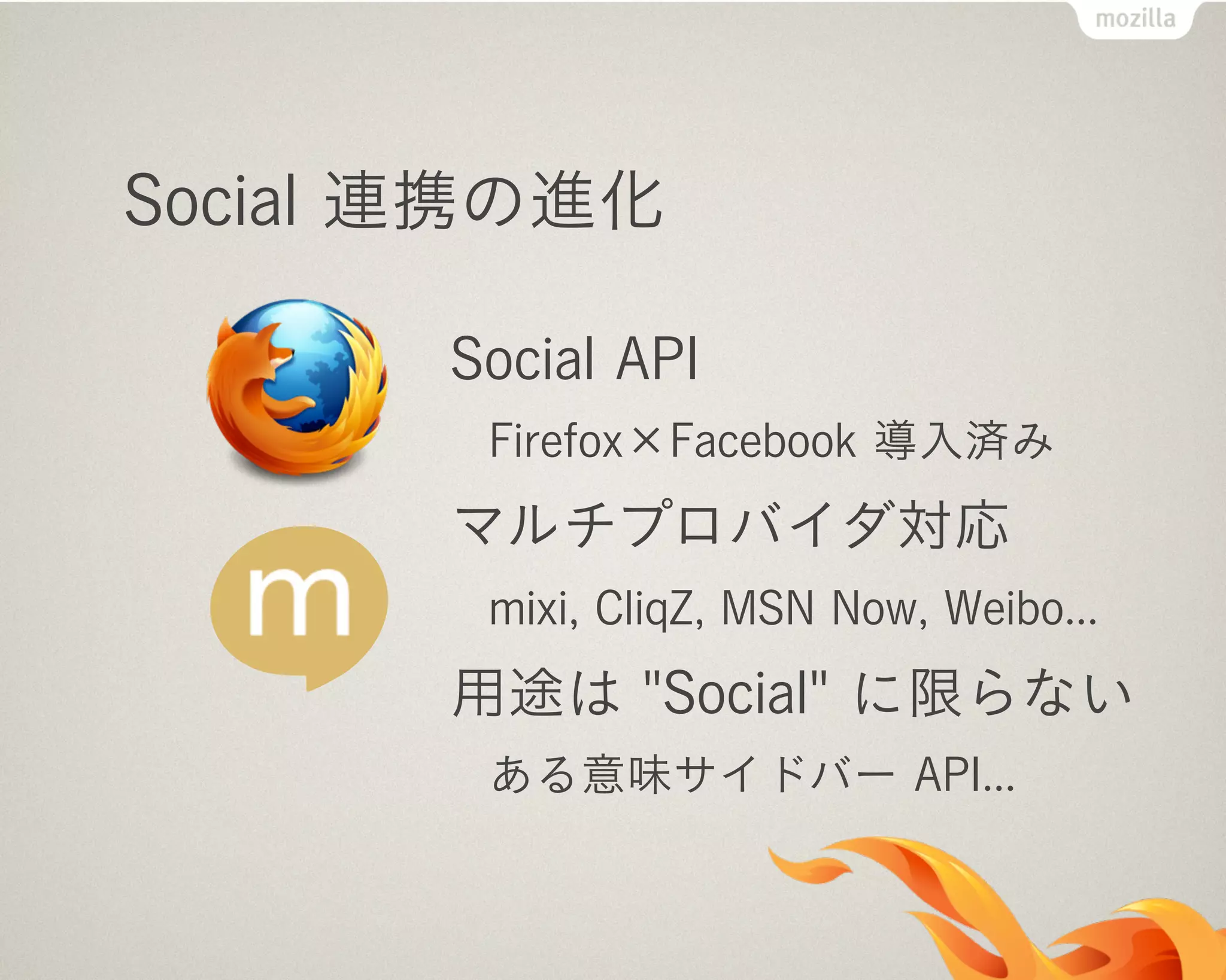 Social 連携の進化
Social API
Firefox×Facebook 導入済み
マルチプロバイダ対応
mixi, CliqZ, MSN Now, Weibo...
用途は "Social" に限らない
ある意味サイドバー API...
 