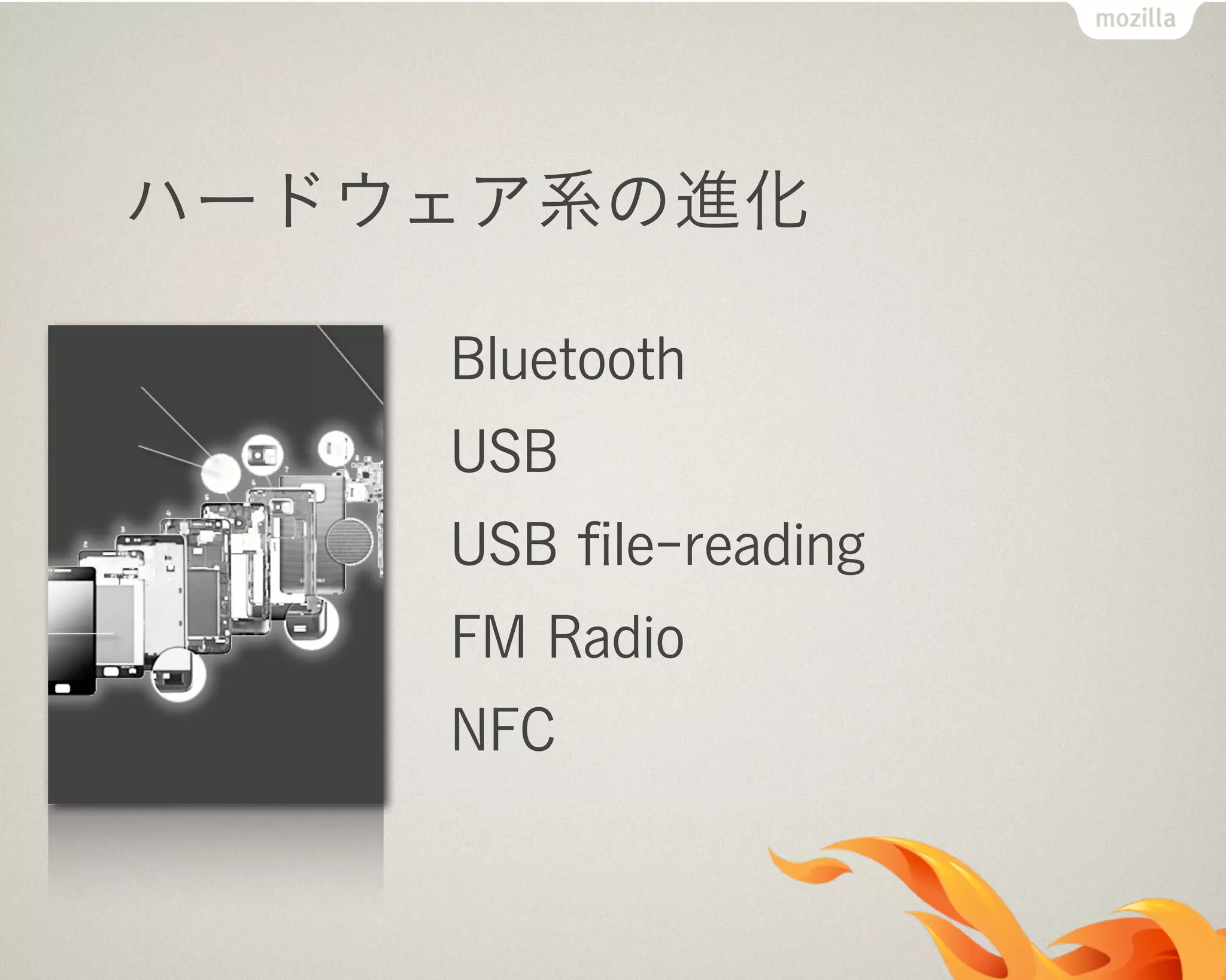 ハードウェア系の進化
Bluetooth
USB
USB ﬁle-reading
FM Radio
NFC
 