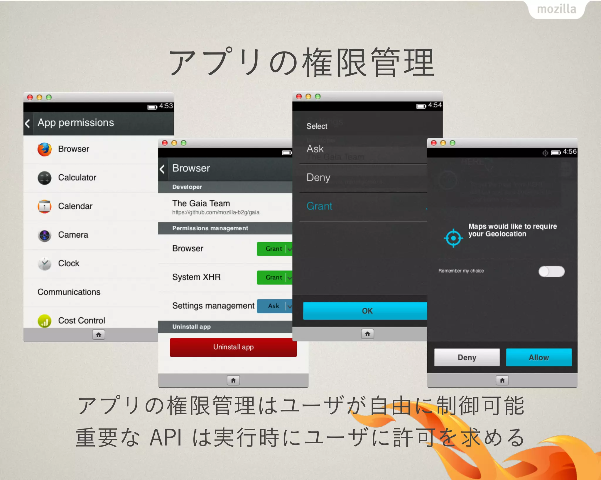 アプリの権限管理はユーザが自由に制御可能
重要な API は実行時にユーザに許可を求める
アプリの権限管理
 