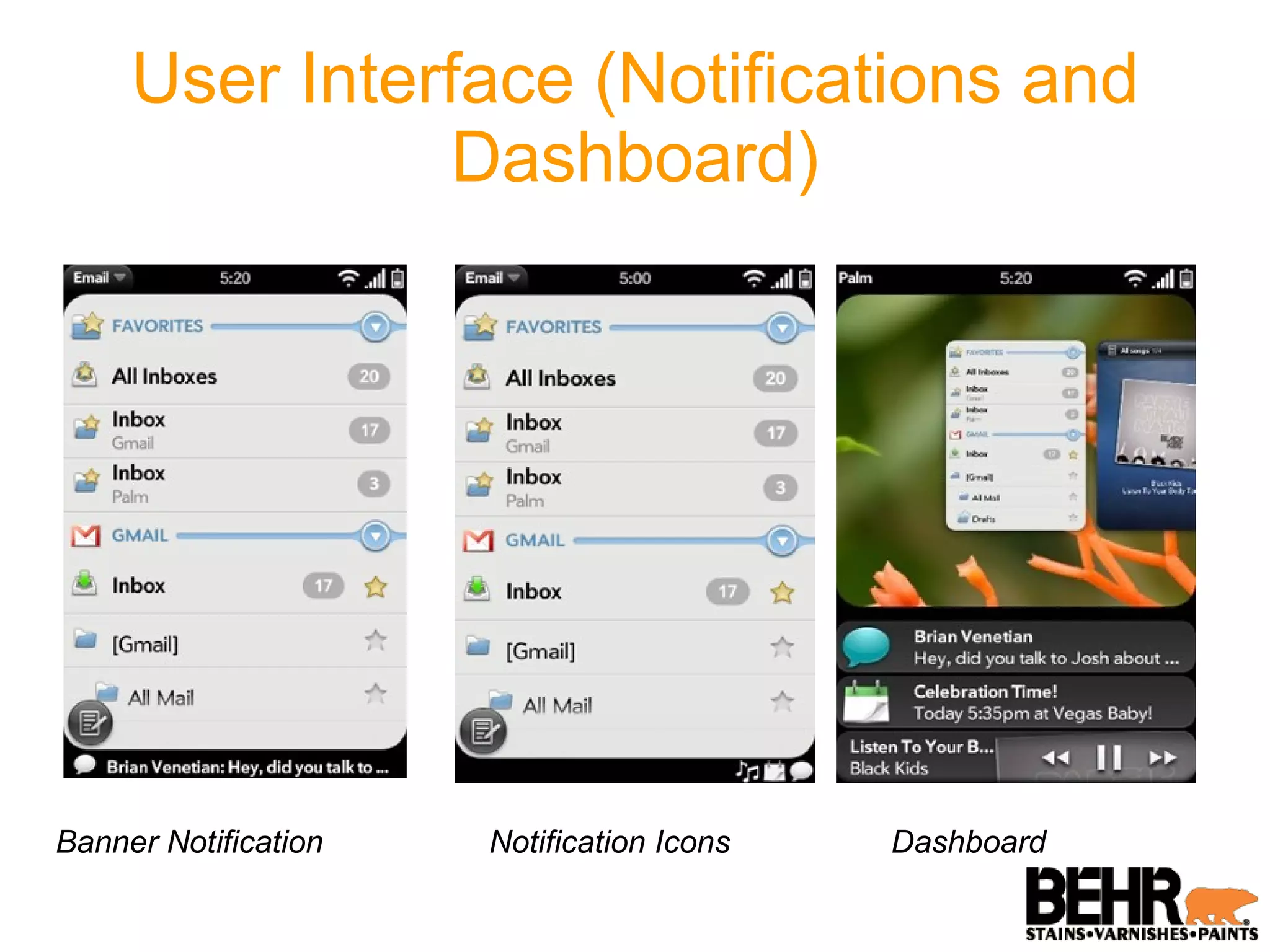 User Interface (Notifications and Dashboard) Banner Notification Notification Icons Dashboard 