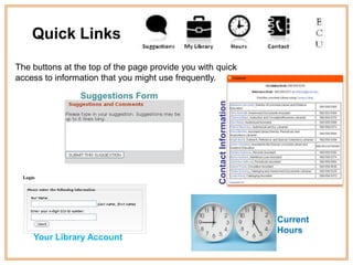 Quick Links
The buttons at the top of the page provide you with quick
access to information that you might use frequently.

                Suggestions Form




                                                    Contact Information   Current
                                                                          Hours
    Your Library Account
 