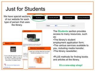 Just for Students
We have special sections
 of our website for each
type of person that uses
        the library.

                           The Students section provides
                           access to many resources, such
                           as:
                           •The library‟s student
                           employment application form;
                           •The various services available to
                           you, including media transfer;
                           •The library newsletter;

                           •PLUS methods for finding books
                           and articles at the library.

                                It’s a one-stop shop!
 