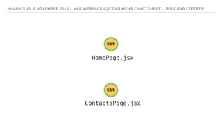 HomePage.jsx
KHARKIV.JS, 8 NOVEMBER 2015 :: КАК WEBPACK СДЕЛАЛ МЕНЯ СЧАСТЛИВЕЕ :: ЯРОСЛАВ СЕРГЕЕВ
ES6
ContactsPage.jsx
ES6
 