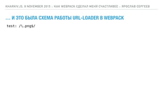 … И ЭТО БЫЛА СХЕМА РАБОТЫ URL-LOADER В WEBPACK
KHARKIV.JS, 8 NOVEMBER 2015 :: КАК WEBPACK СДЕЛАЛ МЕНЯ СЧАСТЛИВЕЕ :: ЯРОСЛАВ СЕРГЕЕВ
test: /.png$/
 