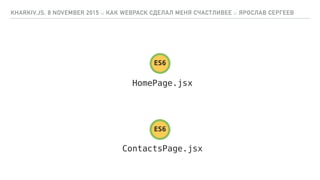 KHARKIV.JS, 8 NOVEMBER 2015 :: КАК WEBPACK СДЕЛАЛ МЕНЯ СЧАСТЛИВЕЕ :: ЯРОСЛАВ СЕРГЕЕВ
ES6
ES6
HTMLindex.html
HTMLcontacts.h...