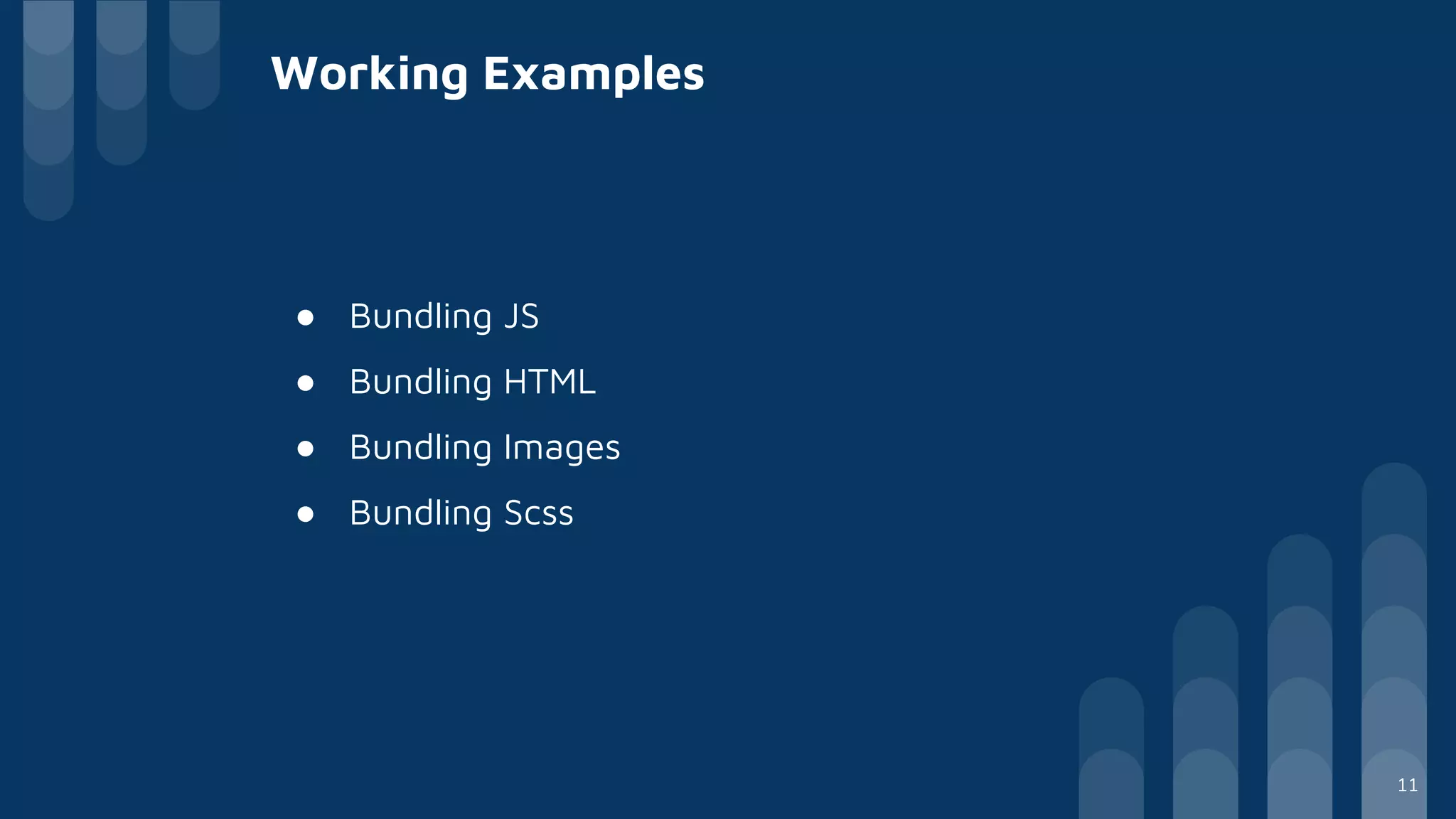 ● Bundling JS
● Bundling HTML
● Bundling Images
● Bundling Scss
Working Examples
11
 