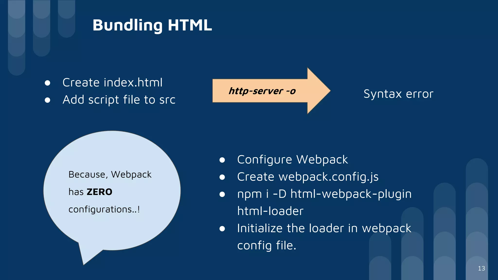 ● Create index.html
● Add script file to src
Bundling HTML
http-server -o Syntax error
Because, Webpack
has ZERO
configurations..!
● Configure Webpack
● Create webpack.config.js
● npm i -D html-webpack-plugin
html-loader
● Initialize the loader in webpack
config file.
13
 
