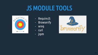 JS MODULE TOOLS
- RequireJS
- Browserify
- wreq
- curl
- jspm
11
 