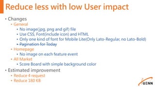 Reduce less with low User impact
• Changes
• General
• No image(jpg, png and gif) file
• Use CSS, Font(include icon) and HTML
• Only one kind of font for Mobile Lite(Only Lato-Regular, no Lato-Bold)
• Pagination for Today
• Homepage
• No image on each feature event
• All Market
• Score Board with simple background color
• Estimated improvement
• Reduce 4 request
• Reduce 180 KB
 