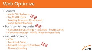 • General
• Avoid 301 Redirects
• Fix All 404 Errors
• Loading Resources On-demand
• Avoid Render Blocking
• Static content optimize
• Concatenate(CSS merge、JS bundle、image sprite )
• Compression(gzip、minify, image compression)
• Request optimize
• CDN
• Front-end Cache
• Request Tuning and Combine
• Domain Sharding
Web Optimize
 