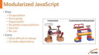 Modularized JavaScript
• Pros
• Encapsulation
• Decoupling
• Organization
• No global scope pollution
• Security
• Re-use
• Cons
• More difficult to release
• Complex dependency
 