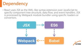 Dependency
• React uses JSX as the XML-like syntax extension over JavaScript to
specify component tree structure, data flow, and event handlers. JSX
is processed by Webpack module bundler using specific loaders or
convertors.
 