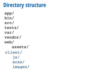 Directory structure
app/
bin/
src/
tests/
var/
vendor/
web/
assets/
client/
js/
scss/
images/
 