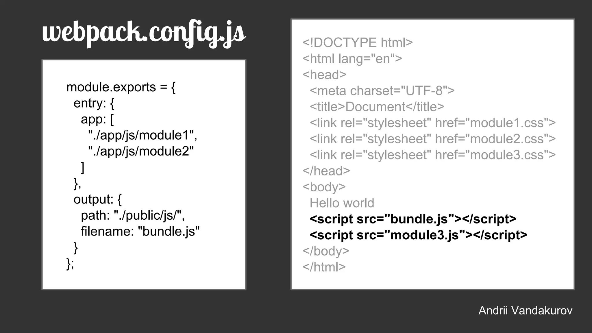module.exports = {
entry: {
app: [
"./app/js/module1",
"./app/js/module2"
]
},
output: {
path: "./public/js/",
filename: "bundle.js"
}
};
<!DOCTYPE html>
<html lang="en">
<head>
<meta charset="UTF-8">
<title>Document</title>
<link rel="stylesheet" href="module1.css">
<link rel="stylesheet" href="module2.css">
<link rel="stylesheet" href="module3.css">
</head>
<body>
Hello world
<script src="bundle.js"></script>
<script src="module3.js"></script>
</body>
</html>
Andrii Vandakurov
webpack.config.js
 