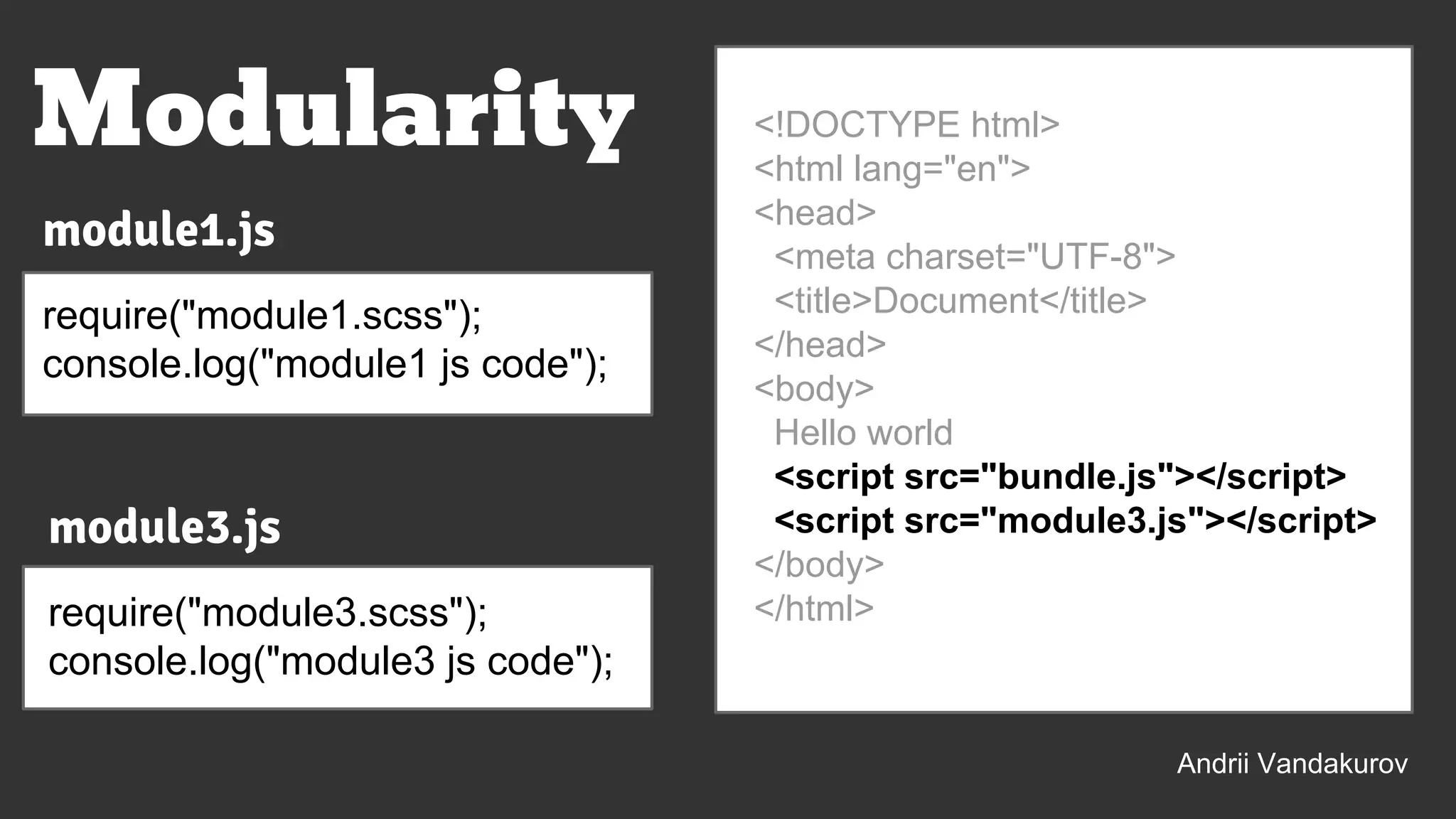 <!DOCTYPE html>
<html lang="en">
<head>
<meta charset="UTF-8">
<title>Document</title>
</head>
<body>
Hello world
<script src="bundle.js"></script>
<script src="module3.js"></script>
</body>
</html>
Modularity
module1.js
require("module1.scss");
console.log("module1 js code");
module3.js
require("module3.scss");
console.log("module3 js code");
Andrii Vandakurov
 