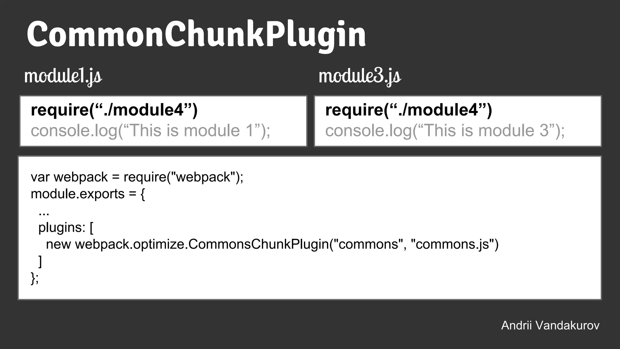 var webpack = require("webpack");
module.exports = {
...
plugins: [
new webpack.optimize.CommonsChunkPlugin("commons", "commons.js")
]
};
require(“./module4”)
console.log(“This is module 1”);
Andrii Vandakurov
module1.js
require(“./module4”)
console.log(“This is module 3”);
module3.js
CommonChunkPlugin
 