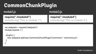 var webpack = require("webpack");
module.exports = {
...
plugins: [
new webpack.optimize.CommonsChunkPlugin("commons", "commons.js")
]
};
require(“./module4”)
console.log(“This is module 1”);
Andrii Vandakurov
module1.js
require(“./module4”)
console.log(“This is module 3”);
module3.js
CommonChunkPlugin
 