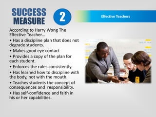 SUCCESS
MEASURE
Effective Teachers
2
According to Harry Wong The
Effective Teacher…
• Has a discipline plan that does not
degrade students.
• Makes good eye contact
• Provides a copy of the plan for
each student.
• Enforces the rules consistently.
• Has learned how to discipline with
the body, not with the mouth.
• Teaches students the concept of
consequences and responsibility.
• Has self-confidence and faith in
his or her capabilities.
 