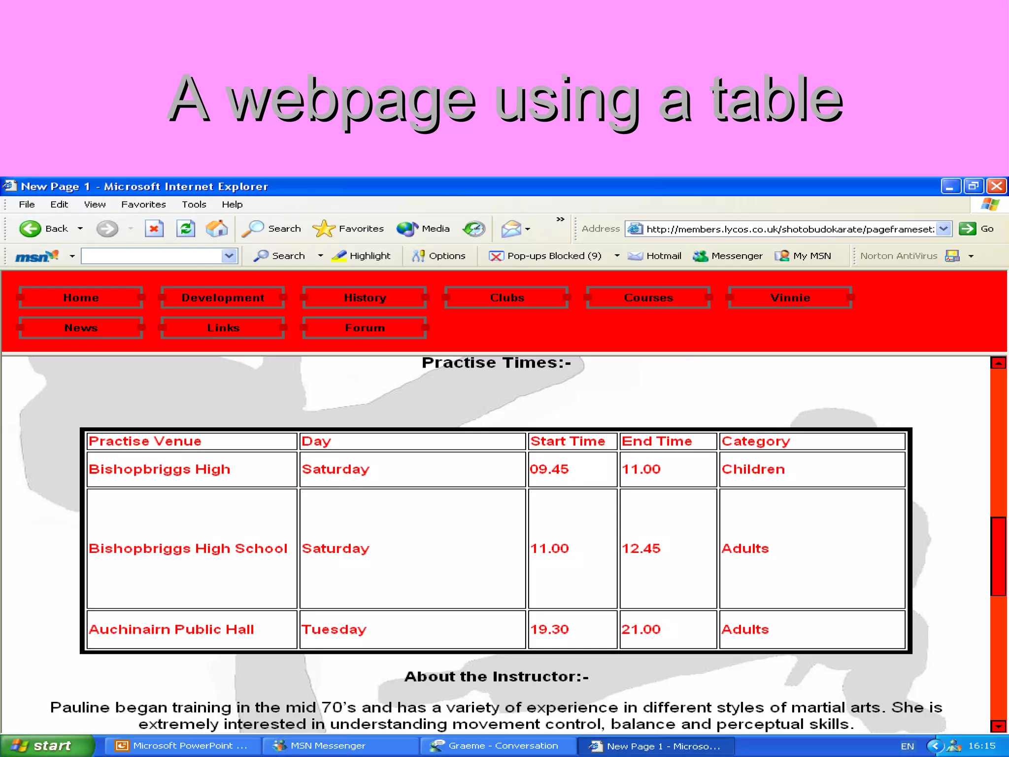 A webpage using a table 