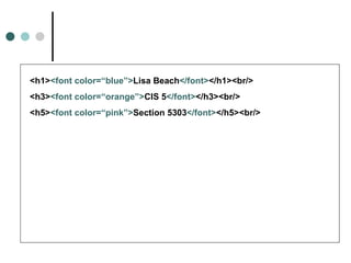 <h1><font color=“blue”>Lisa Beach</font></h1><br/>
<h3><font color=“orange”>CIS 5</font></h3><br/>
<h5><font color=“pink”>Section 5303</font></h5><br/>
 