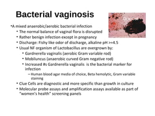 Bacterial vaginosis
•A mixed anaerobic/aerobic bacterial infection
• The normal balance of vaginal flora is disrupted
• Ra...