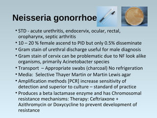 Neisseria gonorrhoeae
• STD - acute urethritis, endocervix, ocular, rectal,
oropharynx, septic arthritis
• 10 – 20 % female ascend to PID but only 0.5% disseminate
• Gram stain of urethral discharge useful for male diagnosis
• Gram stain of cervix can be problematic due to NF look alike
organisms, primarily Acinetobacter species
• Transport – Appropriate swabs (charcoal) No refrigeration
• Media: Selective Thayer Martin or Martin Lewis agar
• Amplification methods [PCR] increase sensitivity of
detection and superior to culture – standard of practice
• Produces a beta lactamase enzyme and has Chromosomal
resistance mechanisms: Therapy: Ceftriaxone +
Azithromycin or Doxycycline to prevent development of
resistance
 