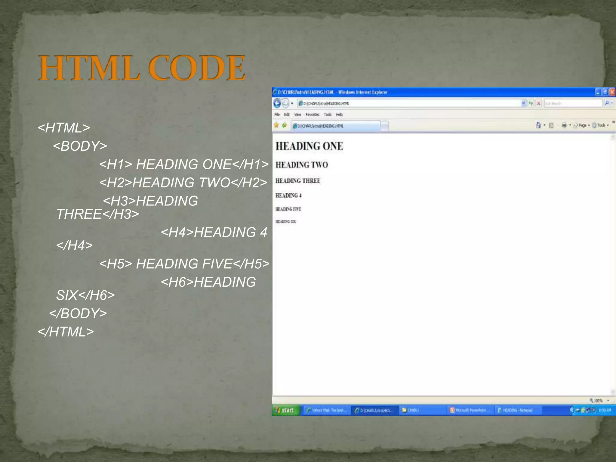 <HTML> <BODY> <H1> HEADING ONE</H1> <H2>HEADING TWO</H2> <H3>HEADING THREE</H3> <H4>HEADING 4 </H4> <H5> HEADING FIVE</H5> <H6>HEADING SIX</H6> </BODY> </HTML> 