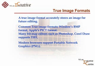 True Image Formats
A true image format accurately stores an image for
future editing.
Common True image formats: Window’s ...
