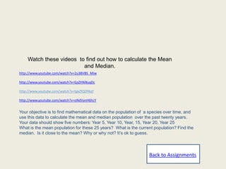 Watch these videos to find out how to calculate the Mean
                         and Median.
http://www.youtube.com/watch?v=2u38VBS_Miw

http://www.youtube.com/watch?v=EpZIIW8uqDc

http://www.youtube.com/watch?v=tgxZfQDf4qY

http://www.youtube.com/watch?v=oNdVynH6hcY


Your objective is to find mathematical data on the population of a species over time, and
use this data to calculate the mean and median population over the past twenty years.
Your data should show five numbers: Year 5, Year 10, Year, 15, Year 20, Year 25
What is the mean population for these 25 years? What is the current population? Find the
median. Is it close to the mean? Why or why not? It’s ok to guess.




                                                                  Back to Assignments
 