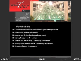 PTAR 1 Departments DEPARTMENTS Customer Service and Collection Management Department Information Service Department Journal and Online Databases Department Library Resources Department System and Information Technology Department Bibliographic and Technical Processing Department Resource Support Department Introduction   PTAR 1    PTAR 2   PTAR 3 PTAR 4 FSPU LIBRARY PUNCAK PERDANA LIBRARY PETALING JAYA LIBRARY SELAYANG HOSPITAL LIBRARY SG BULOH HOSPITAL LIBRARY INTEC LIBRARY MAIN NEXT > < BACK 