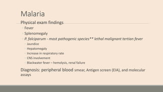 Malaria
Physical exam findings
◦ Fever
◦ Splenomegaly
◦ P. falciparum - most pathogenic species** lethal malignant tertian...