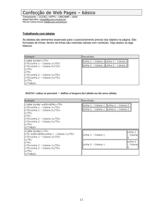 Confecção de Web Pages – básico
Treinamento – CCUEC / AFPU – UNICAMP – 2002
Magali Barcellos (magali@ccuec.unicamp.br)
Rita de Cássia Souza (rita@ccuec.unicamp.br)




Trabalhando com tabelas

As tabelas são elementos essenciais para o posicionamento preciso dos objetos na página. São
formadas de linhas, dentro da linhas são inseridas células com conteúdo. Veja abaixo os tags
básicos:




                                               11
 