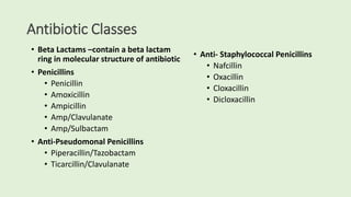Antibiotic Classes
• Beta Lactams –contain a beta lactam
ring in molecular structure of antibiotic
• Penicillins
• Penicillin
• Amoxicillin
• Ampicillin
• Amp/Clavulanate
• Amp/Sulbactam
• Anti-Pseudomonal Penicillins
• Piperacillin/Tazobactam
• Ticarcillin/Clavulanate
• Anti- Staphylococcal Penicillins
• Nafcillin
• Oxacillin
• Cloxacillin
• Dicloxacillin
 