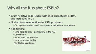 Why all the fuss about ESBLs?
• Gram negative rods (GNRs) with ESBL phenotypes >=10%
and increasing in US
• Limited treatment options for ESBL producers
• Carbapenems most used: meropenem, imipenem, ertapenem
• Risk factors:
• Long hospital stay – particularly in the ICU
• Central lines
• Issues with the intestine
• Long term care facility
• Ventilator assistance
 