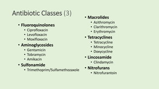 Antibiotic Classes (3)
• Fluoroquinolones
• Ciprofloxacin
• Levofloxacin
• Moxifloxacin
• Aminoglycosides
• Gentamicin
• Tobramycin
• Amikacin
• Sulfonamide
• Trimethoprim/Sulfamethozaxole
• Macrolides
• Azithromycin
• Clarithromycin
• Erythromycin
• Tetracyclines
• Tetracycline
• Minocycline
• Doxycycline
• Lincosamide
• Clindamycin
• Nitrofurans
• Nitrofurantoin
 