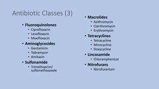Antibiotic Classes (3)
• Fluoroquinolones
• Ciprofloxacin
• Levofloxacin
• Moxifloxacin
• Aminoglycosides
• Gentamicin
• T...