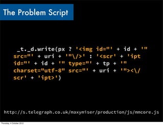 The Problem Script



              _t._d.write(px ? '<img id="' + id + '"
             src="' + uri + '"/>' : '<scr' + 'ipt
             id="' + id + '" type="' + tp + '"
             charset="utf-8" src="' + uri + '"></
             scr' + 'ipt>')




   http://s.telegraph.co.uk/maxymiser/production/js/mmcore.js

Thursday, 4 October 2012
 