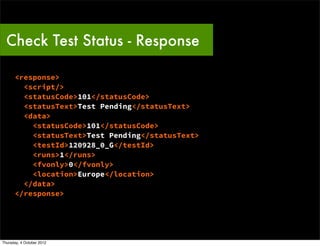 Check Test Status - Response

      <response>
        <script/>
        <statusCode>101</statusCode>
        <statusText>Test Pending</statusText>
        <data>
          <statusCode>101</statusCode>
          <statusText>Test Pending</statusText>
          <testId>120928_0_G</testId>
          <runs>1</runs>
          <fvonly>0</fvonly>
          <location>Europe</location>
        </data>
      </response>




Thursday, 4 October 2012
 